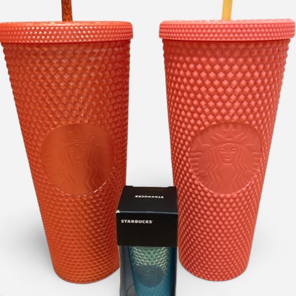 Starbucks Other - Starbucks Studded Tumbler Pair in Coral Orange + Blue Iridescent Key Chain